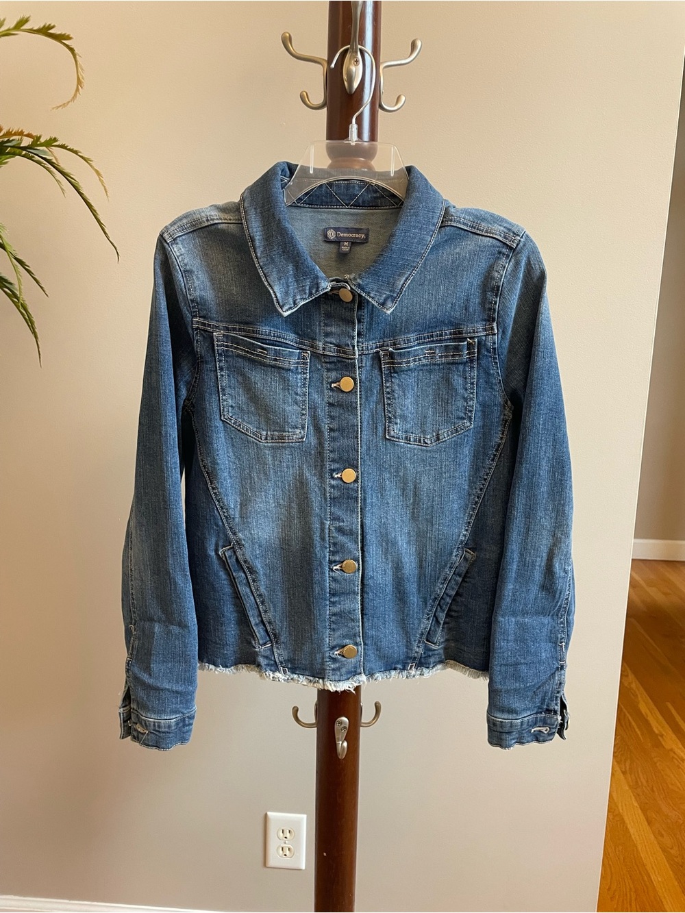 Democracy Medium Blue Denim Jacket with Frayed Hem